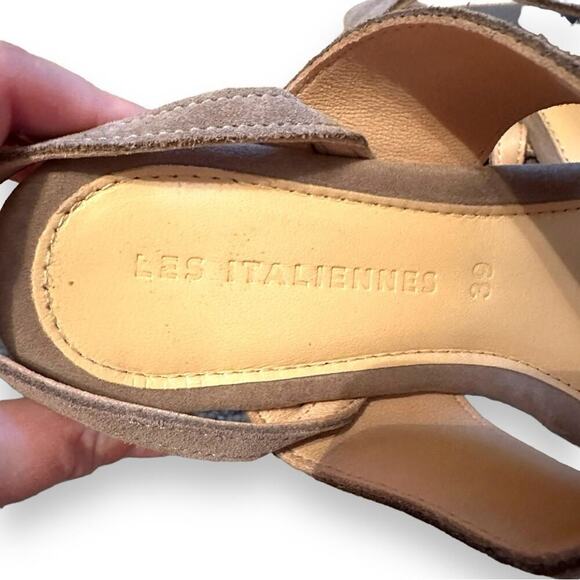 Les Italiennes Taupe Suede Double Strap‎ Buckle Slingback Flat Sandals Sz 39 - Picture 7 of 9